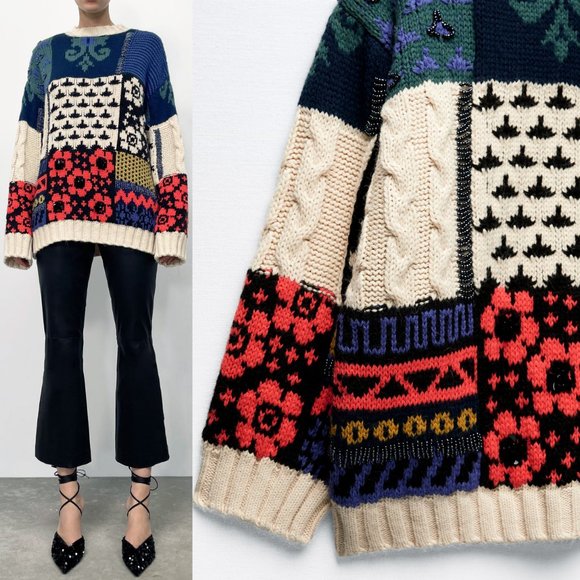 NEW Zara Patchwork Wool Blend Beaded Applique Oversize Limited Edition Sweater M - Picture 10 of 16